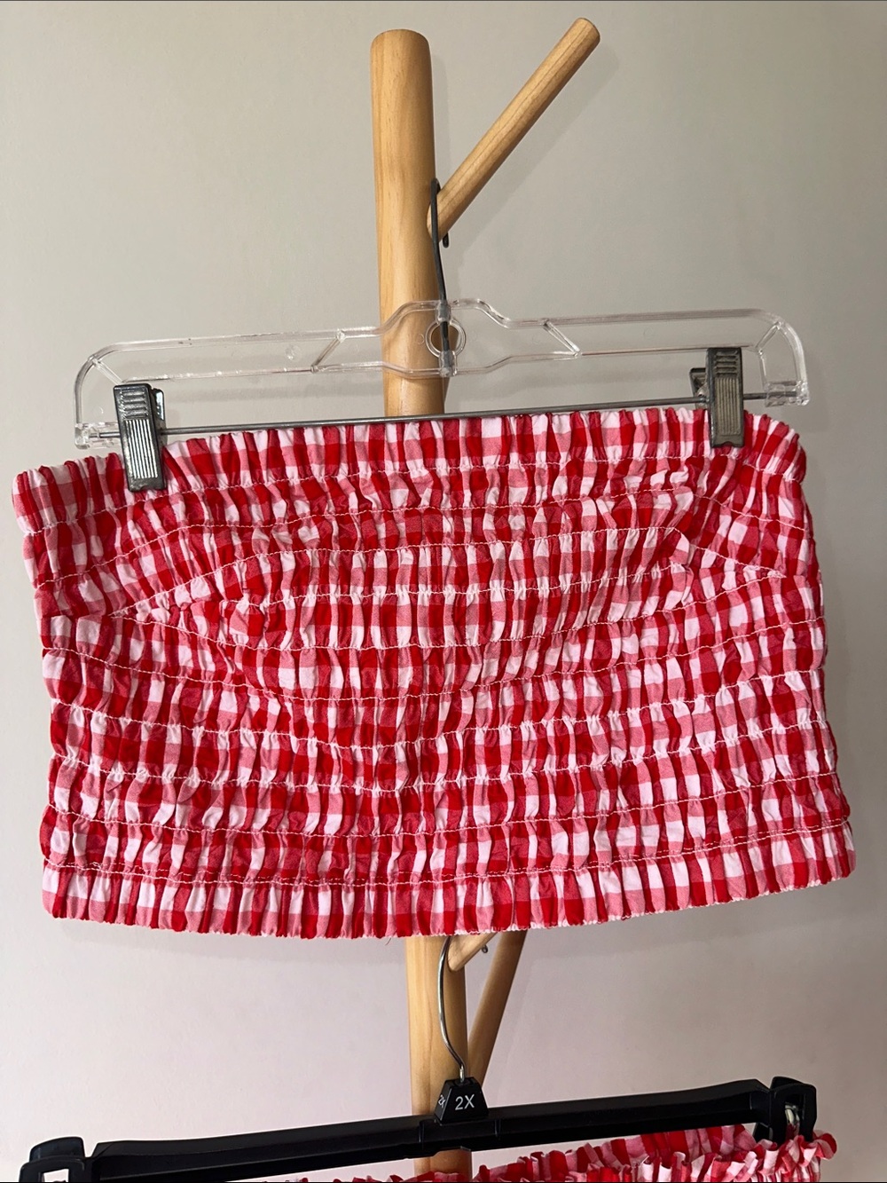 Red Gingham Smocked St Waist Midi Skirt and Tube Top - Picture 2 of 4